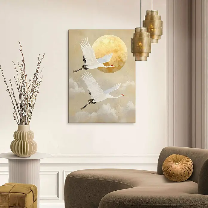 Reinders Leinwandbild - Moon Cranes, B x H: 50 x 70 cm - Das Wandbild mit Kranichen vor goldenem Mond verleiht jedem Raum eine ruhige und elegante Note. Die sanften Farben und das Motiv sind entspannend.
