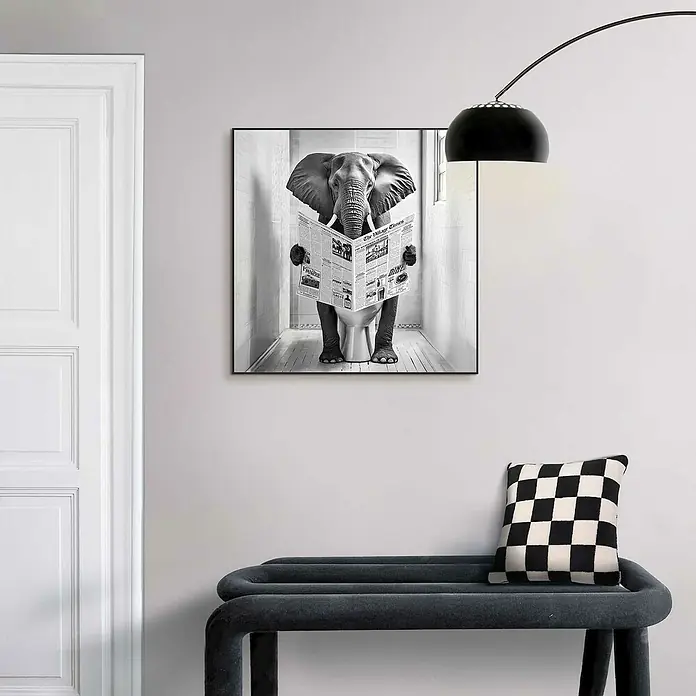 Reinders Bild Slim Frame - Elephant Toilet, B x H: 50 x 50 cm - Ein lustiges Schwarz-Weiß-Wandbild zeigt einen Elefanten, der auf der Toilette sitzt und eine Zeitung liest, stilvoll gerahmt und einprägsam.