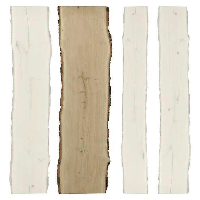 Blockware - Eiche, Anfallende Breite: 36 cm - 40 cm, 200 x 2,6 cm - Vier Holzstücke, drei weiß getünchte und ein naturbelassenes mit Rinde, nebeneinander platziert für rustikale Dekoration.