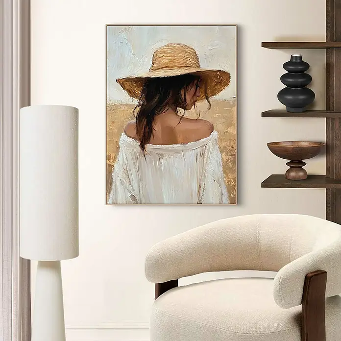 Reinders Bild Slim Frame - Summer Lady, B x H: 50 x 70 cm - Gemälde einer Frau mit Hut und weißem Kleid, das eine elegante und künstlerische Note in jeden Raum bringt.