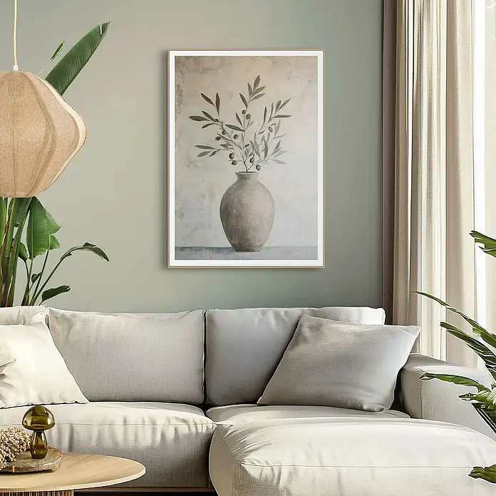 Reinders Bild Slim Frame - Olive Still, B x H: 50 x 70 cm - Elegantes Wandbild mit Olivenzweigen in einer Vase, das eine ruhige und stilvolle Atmosphäre in jedem Wohnraum schafft.