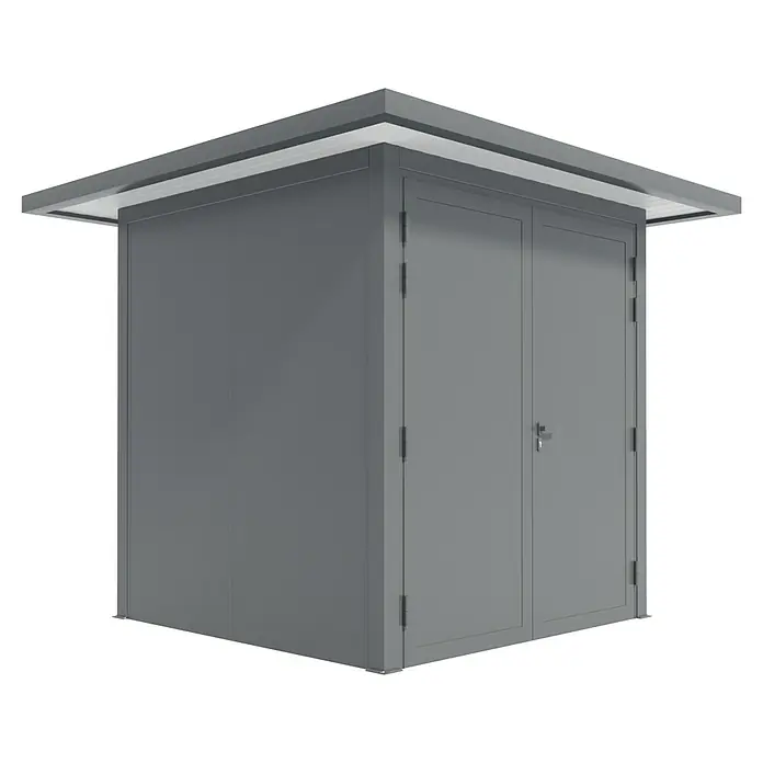Wismar-NFI Gerätehaus Iris 22-2V - Außenmaß inkl. Dachüberstand (B x T): 325 x 325 cm, Stahl, Anthrazit/Weiß, Doppeltür - Grauer Metall-Gartenschrank mit Doppeltür und überstehendem Dach für den Außenbereich, ideal zur Aufbewahrung von Gartengeräten und Werkzeugen.