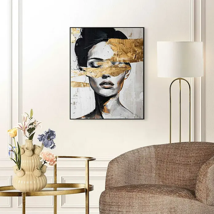 Reinders Bild Slim Frame - Stylish Lady, B x H: 40 x 50 cm - Elegantes Stillleben mit abstraktem Frauengemälde in Gold und Schwarz, das eine stilvolle Atmosphäre im Raum schafft.