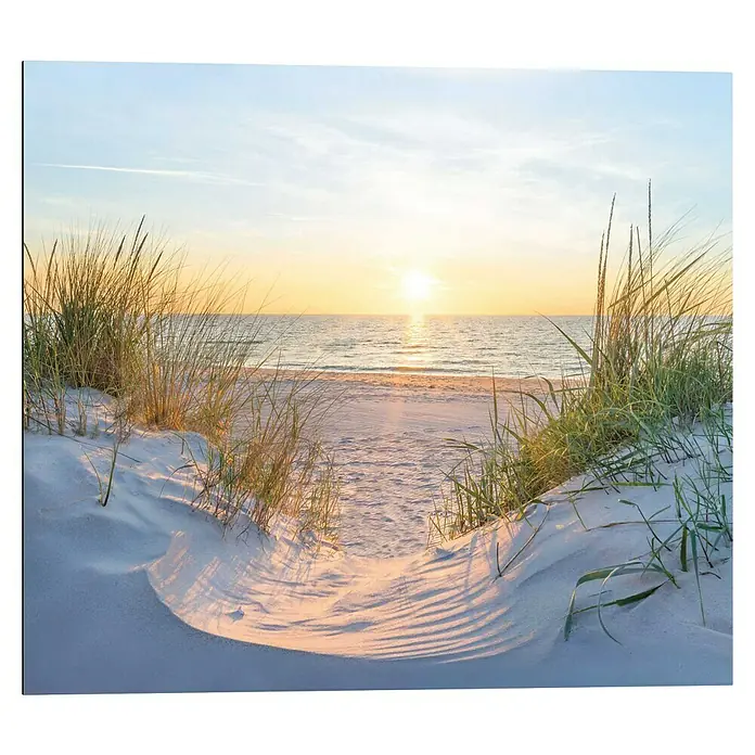 Reinders Holzbild - Golden Hour, B x H: 50 x 40 cm - Sonnenuntergang am Strand: Dünengras und sanfte Wellen im warmen Licht. Ein idyllischer Anblick, der Ruhe und Entspannung vermittelt.