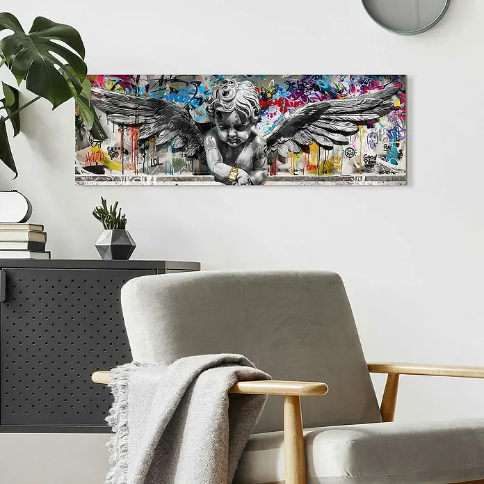 Reinders Holzbild - Funky Angel, B x H: 90 x 30 cm - Wandkunst mit einem Engel, der von Graffiti umgeben ist, verleiht jedem Raum eine moderne Note. Ideal für Wohnzimmer, Schlafzimmer und Büros.