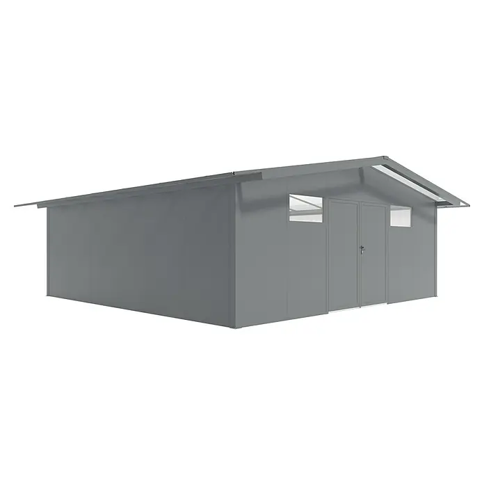 Wismar-NFI Gerätehaus Pisselint 66 - Außenmaß inkl. Dachüberstand (B x T): 685 x 685 cm, Stahl, Anthrazit/Weiß - Ein grauer Geräteschuppen mit Doppeltür und zwei Fenstern bietet praktischen Stauraum im Außenbereich. Die Konstruktion ist einfach, aber stabil.
