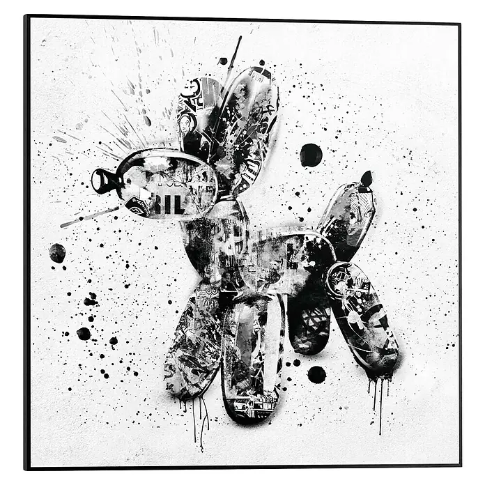 Reinders Bild Slim Frame - Street Art Dog, B x H: 50 x 50 cm - Schwarze und weiße Darstellung eines Ballonhundes, der mit Graffiti-Elementen und Spritzern versehen ist und einen modernen, urbanen Stil zeigt.
