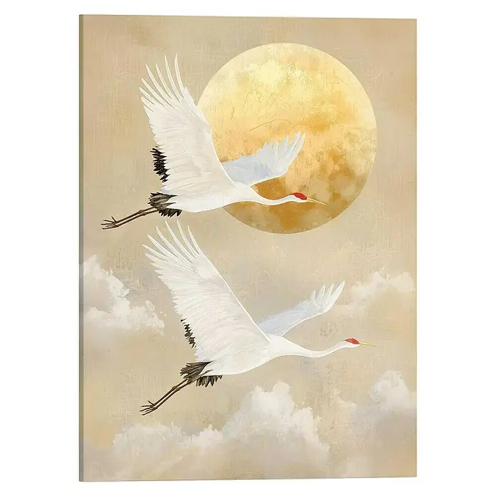 Reinders Leinwandbild - Moon Cranes, B x H: 50 x 70 cm - Ein Wandkunstwerk mit zwei fliegenden Kranichen vor einem goldenen Mond und Wolken, das eine ruhige und elegante Atmosphäre schafft.