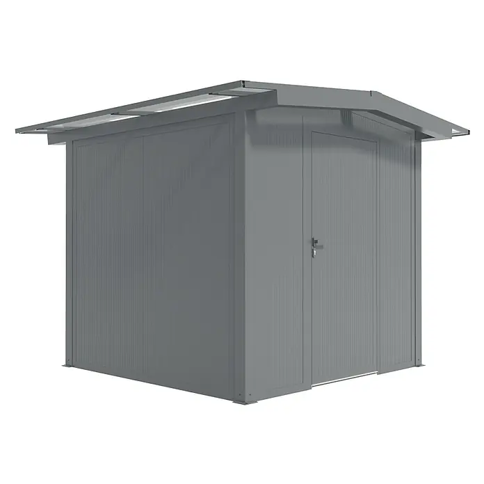 Wismar-NFI Gerätehaus Paquerette 22 - Außenmaß inkl. Dachüberstand (B x T): 285 x 285 cm, Stahl, Anthrazit/Weiß - Abbildung eines grauen Metall-Gartenschuppens mit Doppeltür und Satteldach, ideal für die Aufbewahrung von Gartengeräten und -möbeln im Freien.
