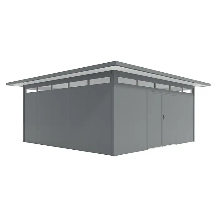 Wismar-NFI Gerätehaus Trefle 55 - Außenmaß inkl. Dachüberstand (B x T): 625 x 625 cm, Stahl, Anthrazit/Weiß - Eine graue Gartenlaube mit Doppeltür und Oberlichtern unter dem Dach, ideal für zusätzlichen Stauraum im Freien.