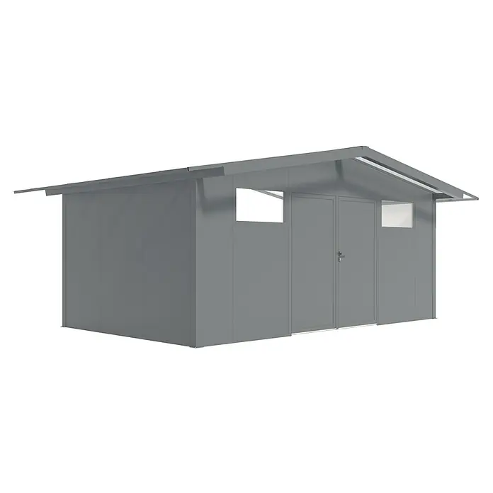 Wismar-NFI Gerätehaus Pensee 53 - Außenmaß inkl. Dachüberstand (B x T): 625 x 425 cm, Stahl, Anthrazit/Weiß - Außenansicht eines grauen Gartenhauses mit Doppeltür und kleinen Fenstern. Das Haus hat ein schlichtes, modernes Design und bietet Stauraum im Garten.