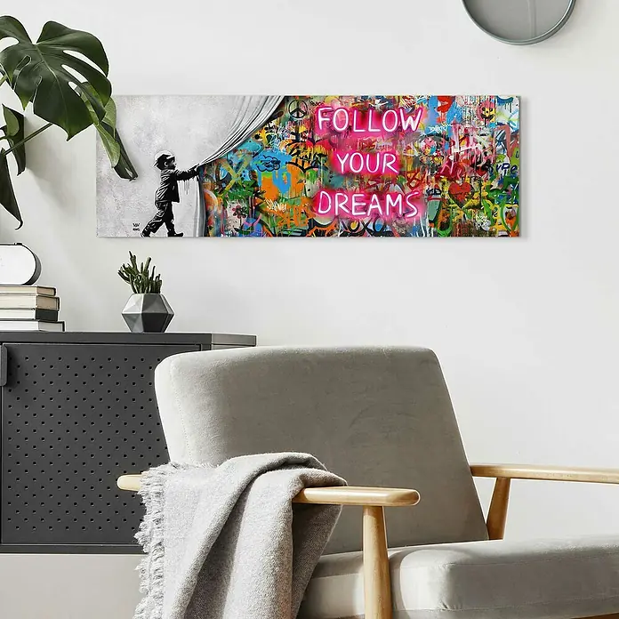 Reinders Holzbild - Surprise Wall, B x H: 90 x 30 cm - Wandkunst mit Graffiti-Motiv "Follow Your Dreams", das einem Kinderzimmer oder Wohnraum eine moderne Note verleiht.
