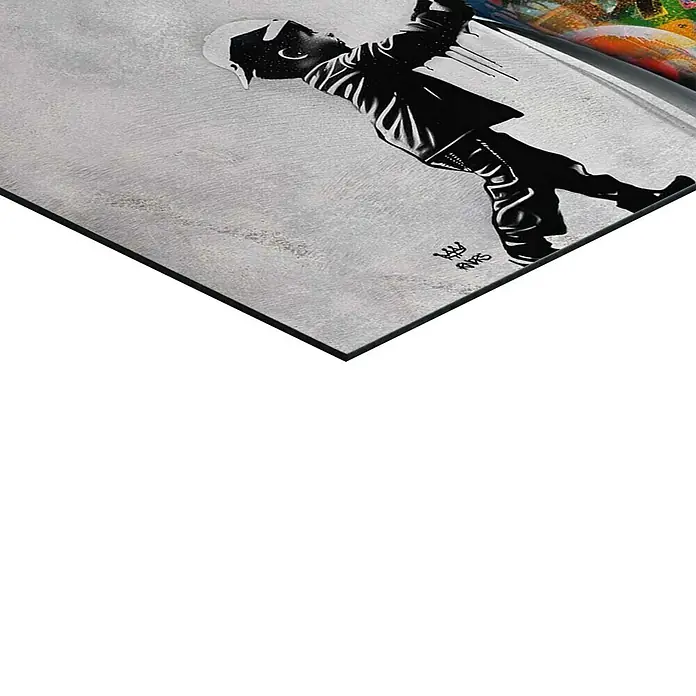 Reinders Holzbild - Surprise Wall, B x H: 90 x 30 cm - Streetart mit einer monochromen Darstellung einer Person auf einer Leinwand. Die Leinwand hat eine raue Textur und ist teilweise von Farbe bedeckt.