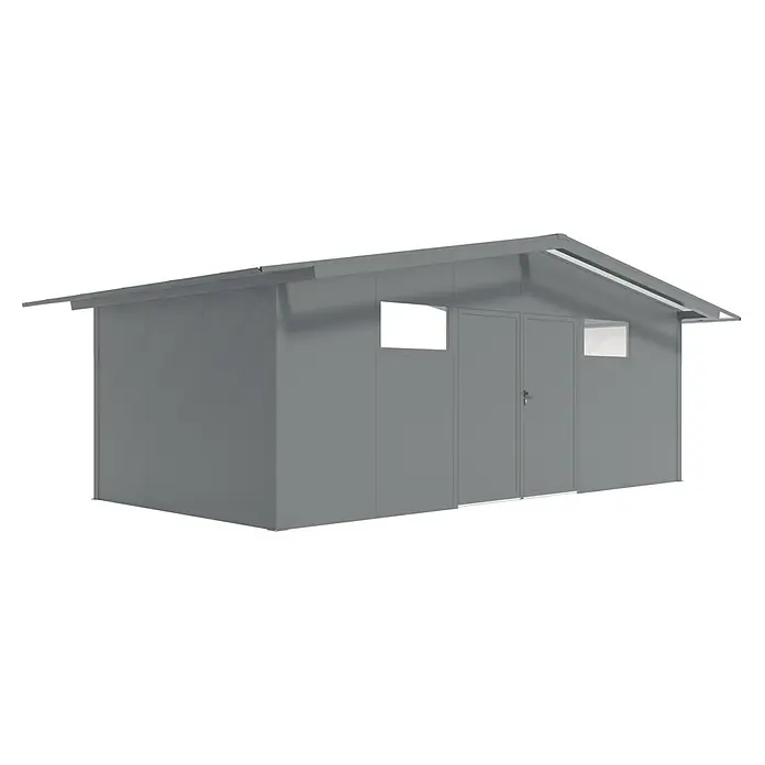 Wismar-NFI Gerätehaus Pisselint 63 - Außenmaß inkl. Dachüberstand (B x T): 685 x 385 cm, Stahl, Anthrazit/Weiß - Grauer Geräteschuppen mit Doppeltür und Fenster zur optimalen Aufbewahrung von Gartengeräten und Werkzeug.