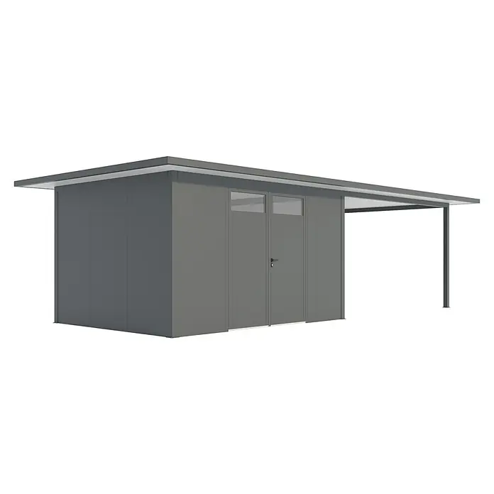 Wismar-NFI Gerätehaus Camomille 443 - Außenmaß inkl. Dachüberstand (B x T): 940 x 425 cm, Stahl, Anthrazit/Weiß - Das Bild zeigt ein modernes, graues Gartenhaus mit einem Flachdach und einem Carport-Anbau. Die klaren Linien unterstreichen das moderne Design.
