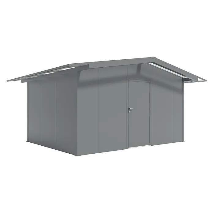 Wismar-NFI Gerätehaus Coquelicot 43 - Außenmaß inkl. Dachüberstand (B x T): 485 x 385 cm, Stahl, Anthrazit/Weiß - Ansicht eines grauen Geräteschuppens mit einer Tür. Der Schuppen hat ein schlichtes Design mit einer grauen Außenseite und einem helleren Dach.