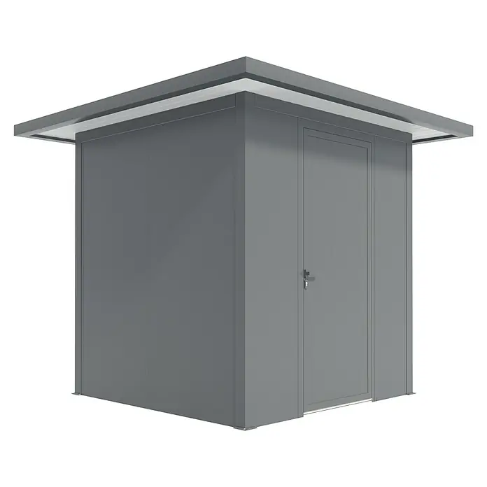 Wismar-NFI Gerätehaus Iris 22-1V - Außenmaß inkl. Dachüberstand (B x T): 325 x 325 cm, Stahl, Anthrazit/Weiß, Einzeltür - Aufnahme eines grauen Fertigbaus mit Vordach, ideal für den Außenbereich.