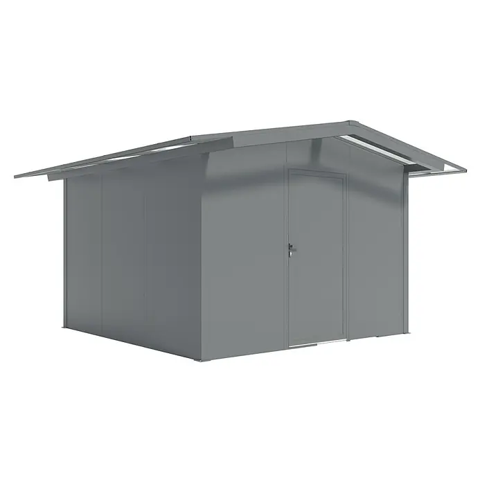 Wismar-NFI Gerätehaus Coquelicot 33 - Außenmaß inkl. Dachüberstand (B x T): 385 x 385 cm, Stahl, Anthrazit/Weiß - Außenansicht eines grauen Gerätehauses. Das Gerätehaus hat eine Tür und ein schlichtes, modernes Design, ideal für die Gartenaufbewahrung.
