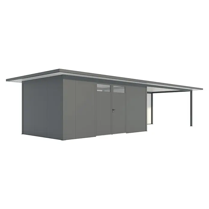 Wismar-NFI Gerätehaus Camomille 553 - Außenmaß inkl. Dachüberstand (B x T): 1.140 x 425 cm, Stahl, Anthrazit/Weiß - Eine moderne graue Gerätehaus-Konstruktion mit Flachdach und überdachtem Bereich. Die Tür und Fenster sorgen für Tageslicht und Komfort.