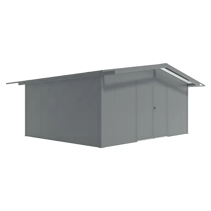 Wismar-NFI Gerätehaus Bouton 54 - Außenmaß inkl. Dachüberstand (B x T): 585 x 485 cm, Stahl, Anthrazit/Weiß - Eine graue Gerätehütte mit Doppeltüren und einem Giebeldach, ideal für die Gartenaufbewahrung und Werkzeuglagerung im Außenbereich.