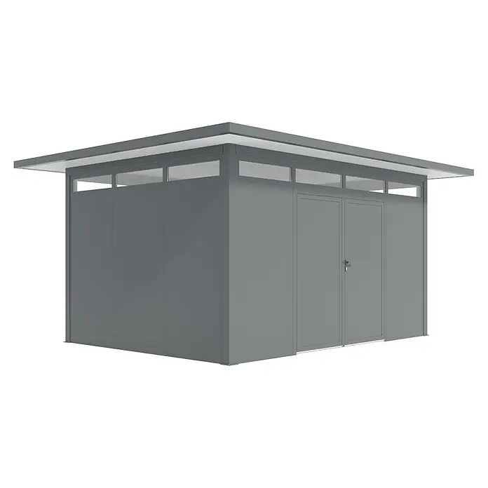 Wismar-NFI Gerätehaus Trefle 43 - Außenmaß inkl. Dachüberstand (B x T): 525 x 425 cm, Stahl, Anthrazit/Weiß - Abbildung eines modernen Gerätehauses in Grau mit Doppeltür und Fensterreihe unter dem Dach.