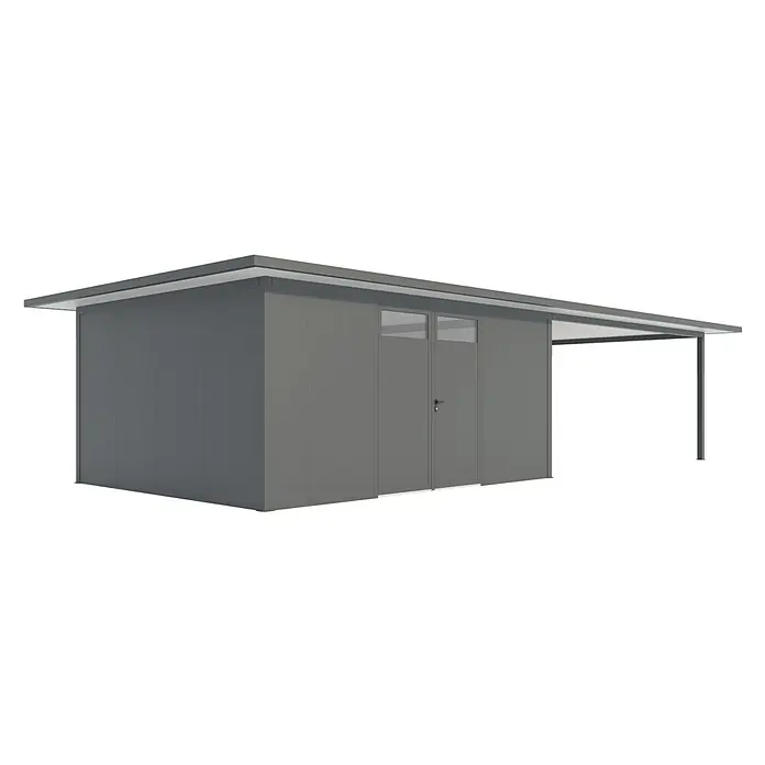 Wismar-NFI Gerätehaus Camomille 554 - Außenmaß inkl. Dachüberstand (B x T): 1.140 x 525 cm, Stahl, Anthrazit/Weiß - Grauer Gartenhaus-Bausatz mit Flachdach und integriertem Carport, ideal für zusätzlichen Stauraum und Wetterschutz im Außenbereich.