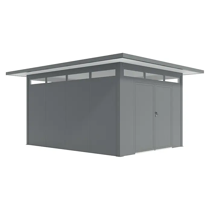 Wismar-NFI Gerätehaus Trefle 34 - Außenmaß inkl. Dachüberstand (B x T): 425 x 525 cm, Stahl, Anthrazit/Weiß - Bild eines modernen Gartenschuppens mit Doppeltür und Oberlichtern, ideal für die Aufbewahrung im Freien.