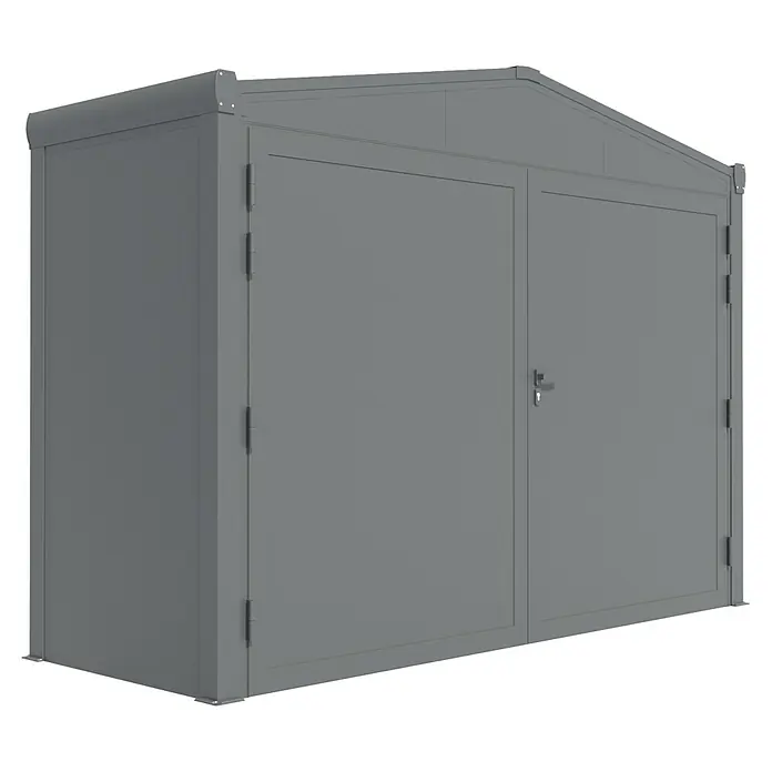 Wismar-NFI Gerätehaus Aster 2V - Außenmaß inkl. Dachüberstand (B x T): 325 x 125 cm, Stahl, Anthrazit/Weiß, Doppeltür - Eine graue Doppelgaragenbox für Fahrzeuge und Lagergüter. Sie bietet Schutz und sicheren Stauraum mit robusten Türen und solidem Design.