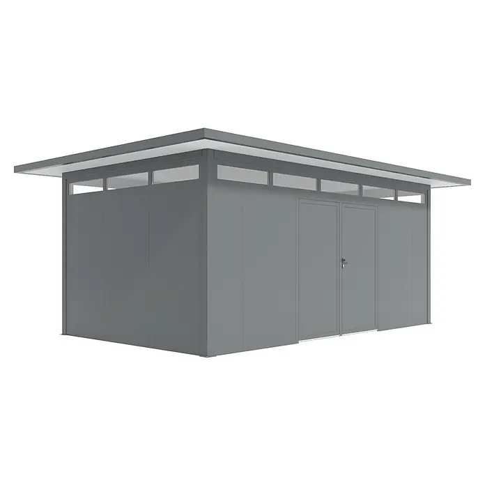 Wismar-NFI Gerätehaus Trefle 53 - Außenmaß inkl. Dachüberstand (B x T): 625 x 425 cm, Stahl, Anthrazit/Weiß - Abbildung eines modernen grauen Geräteschuppens mit Doppeltür und Oberlichtern unter einem flachen Dach.