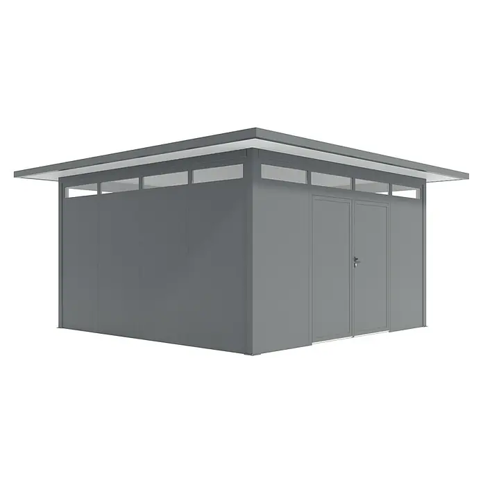 Wismar-NFI Gerätehaus Trefle 44 - Außenmaß inkl. Dachüberstand (B x T): 525 x 525 cm, Stahl, Anthrazit/Weiß - Ein modernes, graues Gartenhaus mit Flachdach und Fenstern im oberen Bereich, das viel Stauraum bietet und sich ideal für den Garten eignet.