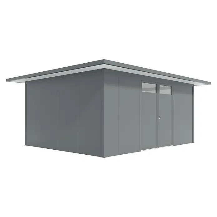 Wismar-NFI Gerätehaus Pensee 54 - Außenmaß inkl. Dachüberstand (B x T): 625 x 525 cm, Stahl, Anthrazit/Weiß - Die moderne, graue Gartenlaube bietet praktischen Stauraum und Schutz vor Witterungseinflüssen. Ideal für den Garten oder Hof.