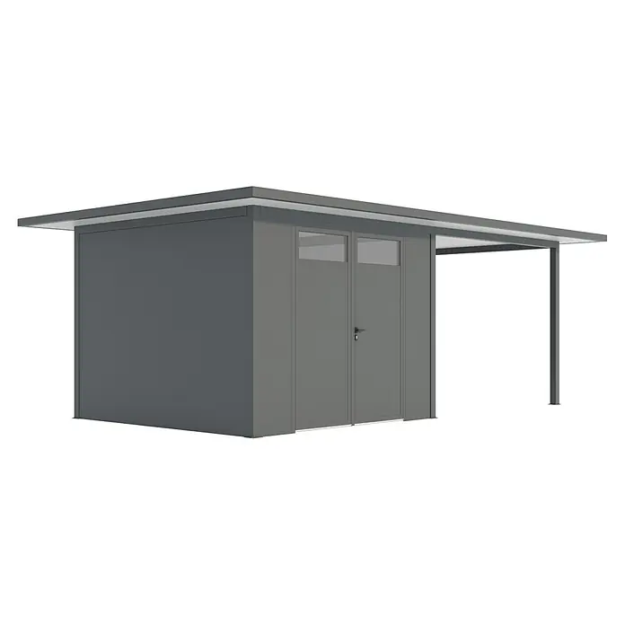 Wismar-NFI Gerätehaus Camomille 333 - Außenmaß inkl. Dachüberstand (B x T): 740 x 425 cm, Stahl, Anthrazit/Weiß - Eine graue Gartenlaube mit Doppeltür und Vordach bietet praktischen Stauraum und Wetterschutz für den Garten.