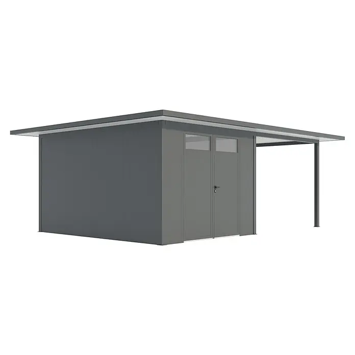 Wismar-NFI Gerätehaus Camomille 334 - Außenmaß inkl. Dachüberstand (B x T): 740 x 525 cm, Stahl, Anthrazit/Weiß - Eine graue Fertiggarage mit Doppeltür und kleinem Vordach. Die moderne Optik der Garage passt gut in jeden Garten.