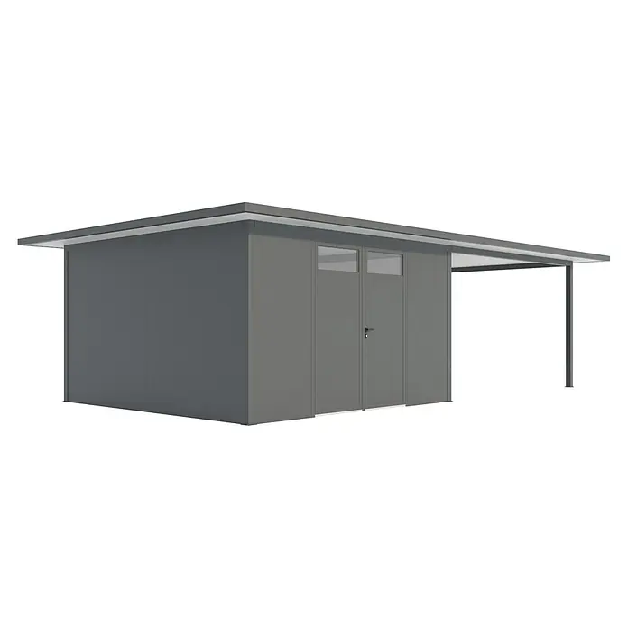 Wismar-NFI Gerätehaus Camomille 444 - Außenmaß inkl. Dachüberstand (B x T): 940 x 525 cm, Stahl, Anthrazit/Weiß - Eine moderne Gartenhütte in Grau mit flachem Dach und Doppeltür, ideal für die Aufbewahrung von Gartengeräten und mehr.