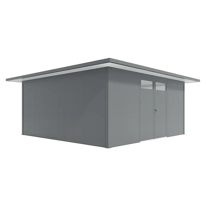 Wismar-NFI Gerätehaus Pensee 55 - Außenmaß inkl. Dachüberstand (B x T): 625 x 625 cm, Stahl, Anthrazit/Weiß - Ein geräumiges, graues Gerätehaus mit Doppeltür und Oberlichtern bietet sicheren Stauraum für Gartengeräte und mehr.