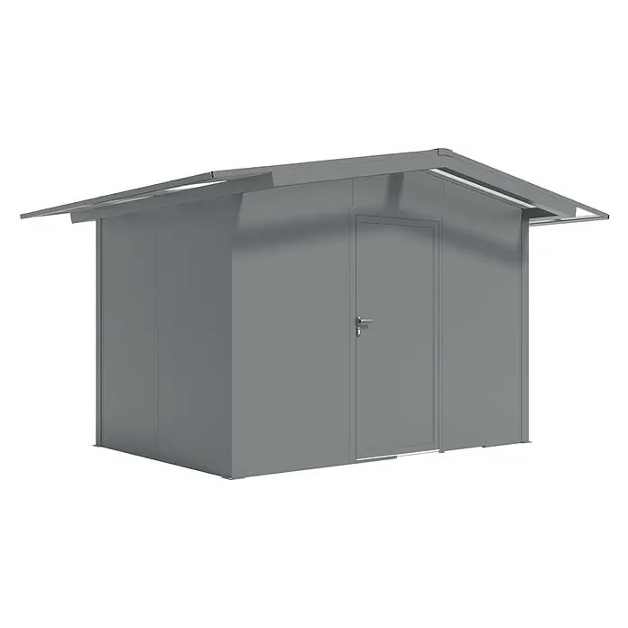 Wismar-NFI Gerätehaus Coquelicot 32 - Außenmaß inkl. Dachüberstand (B x T): 385 x 285 cm, Stahl, Anthrazit/Weiß - Ansicht eines grauen Schuppens mit Tür und Satteldach. Ideale, witterungsbeständige Aufbewahrungslösung für den Außenbereich.