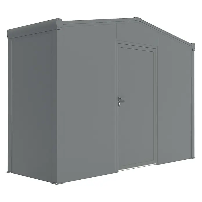 Wismar-NFI Gerätehaus Aster 1V - Außenmaß inkl. Dachüberstand (B x T): 325 x 125 cm, Stahl, Anthrazit/Weiß, Einzeltür - Bild eines grauen Metall-Gartenschuppens mit Tür. Die Struktur ist einfach, aber robust, ideal für die Lagerung im Freien.