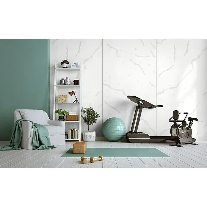LOGOCLIC Wandpaneel Designwall - Statuario Bianco, 265 x 123 cm - Ein heller, einladender Fitnessraum mit einem Laufband und einem Heimtrainer, ideal für das Training zu Hause. Helle Farben und natürliche Elemente sorgen für eine angenehme Atmosphäre.