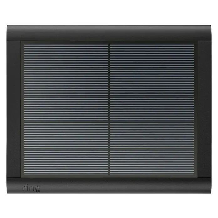 Ring Panel solar - L x An x Al: 20,5 x 1,2 x 16,9 cm, Negro - Un panel solar Ring negro con líneas horizontales y el logo de Ring en la parte inferior izquierda.