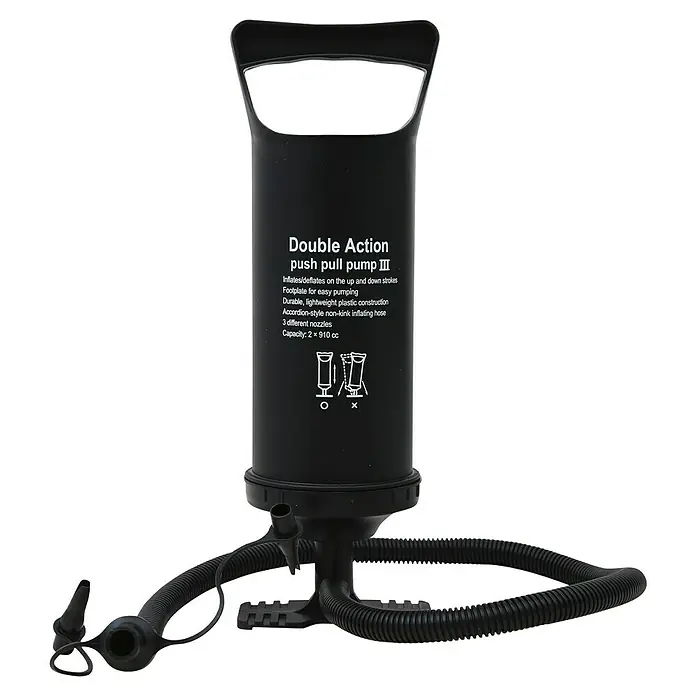 Doppelhub-Kolben-Pumpe - 0,9 l - Schwarze Doppelhubkolbenpumpe III mit Schlauch und verschiedenen Düsen zum Aufblasen und Entleeren von Gegenständen.