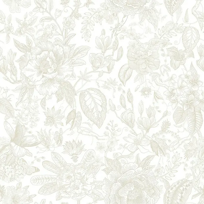 Glööckler Pompöös Provence Vliestapete - Weiß/Beige, Floral, 10,05 x 0,53 m - Weißes florales Muster mit zarten Blumen und Blättern, ideal für elegante Designs und Hintergründe.