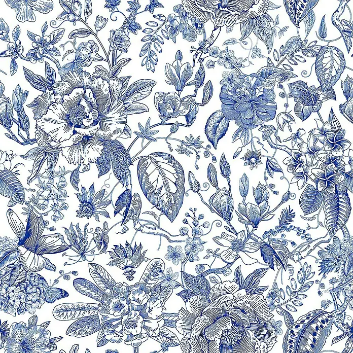 Glööckler Pompöös Provence Vliestapete - Weiß/Blau, Floral, 10,05 x 0,53 m - Elegantes blau-weißes Blumendesign, ideal für klassische Akzente. Ein zeitloses Muster für Dekorationen und Textilien.