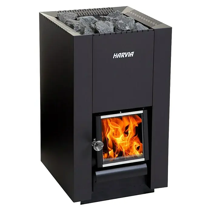 Tuindeco Saunaofen Linear 18 Compact - 14,3 kW, Raumheizvermögen: 5 m³ - 18 m³ - Schwarzer Harvia Saunaofen mit Steinen oben und einem Feuer im Inneren, das durch eine Glastür sichtbar ist.