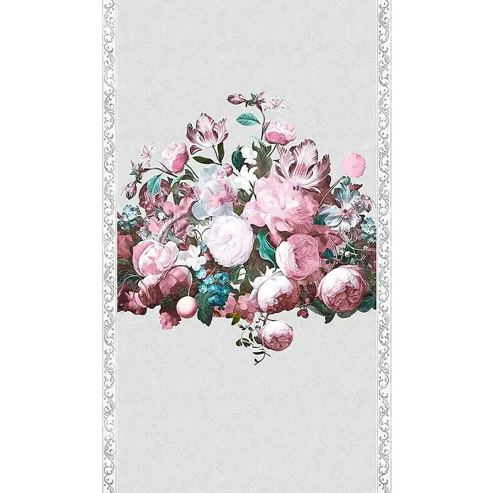Glööckler Pompöös Provence Fototapete - B x L: 159 x 270 cm, Vlies, Grau/Rosa - Ein elegantes Wandbild mit einem üppigen Blumenarrangement in sanften Rosa- und Weißtönen, umrahmt von dekorativen Bordüren. Perfekt für stilvolle Akzente.
