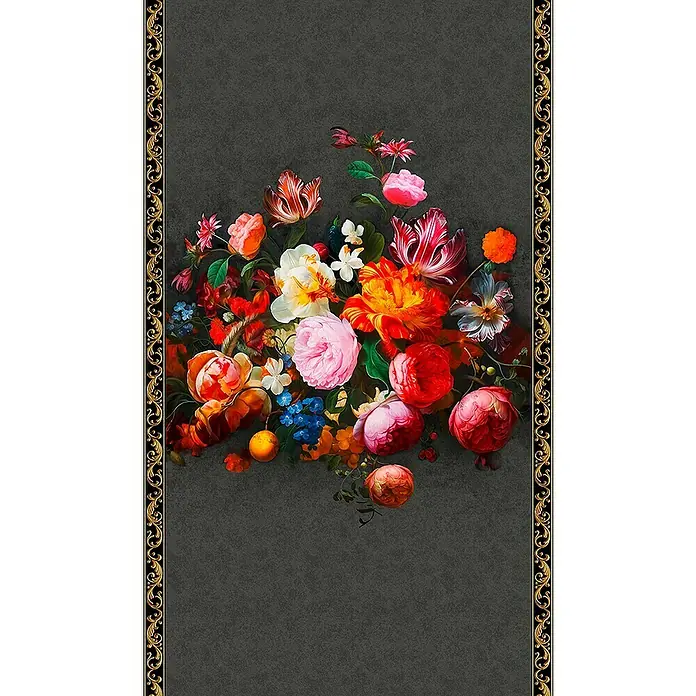 Glööckler Pompöös Provence Fototapete - Vlies, Schwarz/Rot - Farbenprächtiges Blumenstillleben mit dekorativem Goldrahmen, ideal als Wandkunst für ein stilvolles Zuhause.
