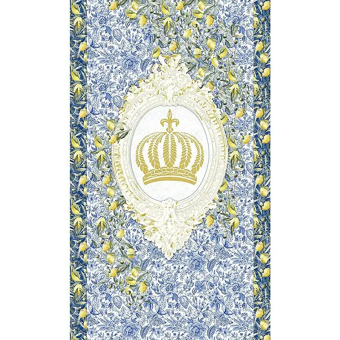 Glööckler Pompöös Provence Fototapete - Weiß/Blau/Grün/Gelb, Floral, L x B: 270 x 159 cm - Wandbild mit Zitronen- und Blumenmuster in Blau, Gelb und Weiß, das eine goldene Krone in einem kunstvollen Rahmen zeigt.