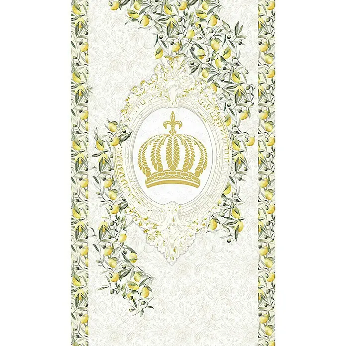 Glööckler Pompöös Provence Fototapete - Weiß/Grün/Gelb, Floral, L x B: 270 x 159 cm - Elegantes Zitronenmuster mit goldenem Rahmen und Krone. Ein Hauch von Luxus und sommerlicher Frische für Ihr Zuhause.