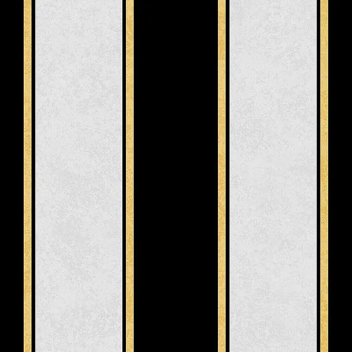 Glööckler Pompöös Provence Vliestapete - Grau/Schwarz, Streifen, 10,05 x 0,53 m - Ein vertikales Streifenmuster mit schwarzen, grauen und goldenen Streifen, das ein modernes und elegantes Design für Wandverkleidungen bietet.
