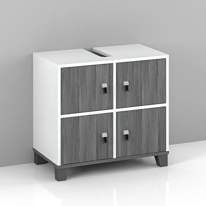 Riva Waschtischunterschrank Leather - 62,2 x 33,7 x 58 cm, Weiß, Silbergrau - Badezimmerschrank mit vier Schubladen und modernem Design in Weiß und Grau. Ideal für die Aufbewahrung im Bad.
