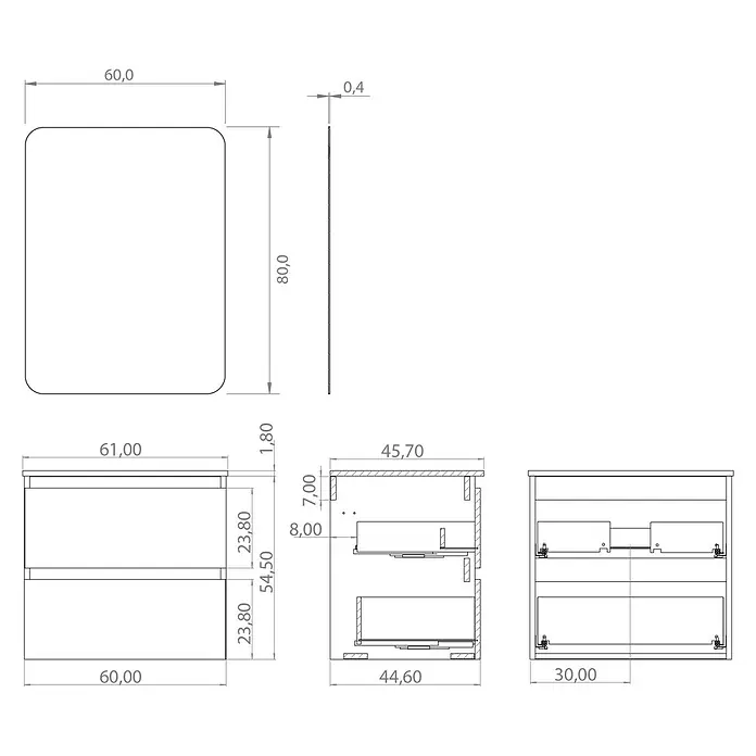 Artysan Conjunto de mueble de baño Funk - Ancho: 60 cm, Nature/Verde, 3 pzs. - Dibujo técnico de un mueble de baño con espejo y cajones, con dimensiones detalladas.